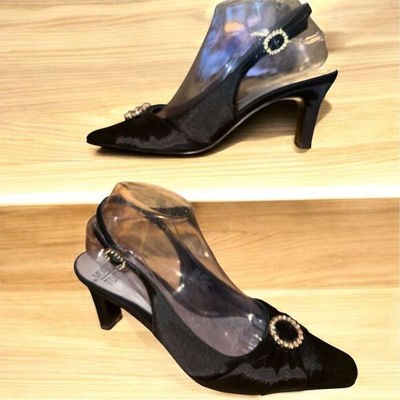 Mootsies Tootsies Monono Black Satin Formal Slingback Heels Rhinestone Shoes - Picture 3 of 10